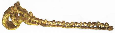 Jewelry reached a high level of development with the Etruscan civilization. The Etruscans were particularly skilled goldsmiths and a number of superb pieces decorated with fine granulation have survived. This fibula or safety pin dates from 700–800 BC.