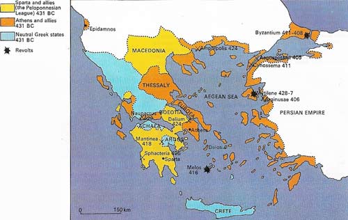 After the defeat of the Persians, Athens used its navy to secure the Aegean against them and to liberate the Greek states in Asia Minor. Soon the defensive Delian League was turned into an aggressive empire with Athens intervening directly in the internal affairs of allied states. Sparta's fear of this expansion caused it to encourage revolts and oligarchic governments, and led in 4.31 to the start of the Peloponnesian war which engulfed most of Greece.