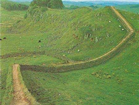 A long stretch of Hadrian's Wall that is better preserved than most runs along the Whin Sill escarpment near the large fort of Housesteads.