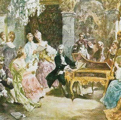 A romantic impression depicting Handel playing at a keyboard with friends.