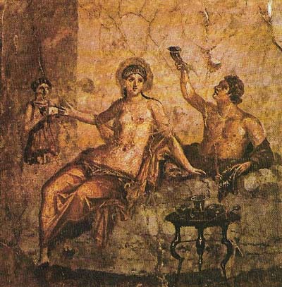 The life of Herculaneum, a residential town between Naples and Pompeii, was revealed only after arduous excavations; the eruption of Vesuvius in AD 79 covered it with a thick layer of mud. However, the mud preserved much of the original town. Here a mosaic shows a man and woman served by a slave.