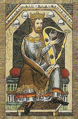 This 13th-century illustration of King David shows him playing a harp whose arching neck terminates in an open-mouthed zoomorphic head.
