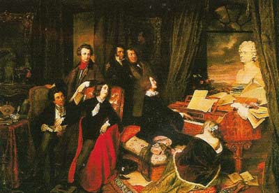 Liszt playing at a Parisian salon in 1840, possibly by Joseph Danhauser.