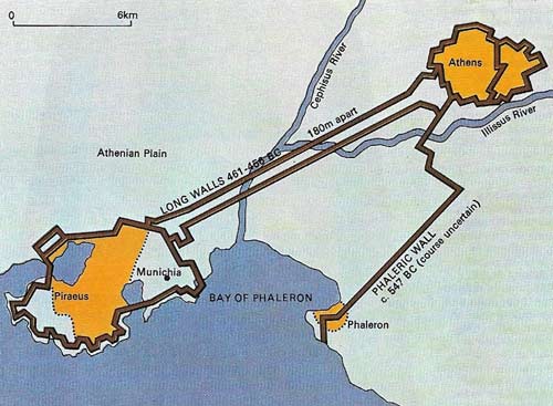Themistocles began the development of Piraeus as the base for Athens' navy and its vital trading and commercial port. The Long Walls were built to link it with the city and give Athens the means to maintain her maritime power even when its territory was invaded. It was symbolic that when Athens was defeated in 404, the Spartans insisted on the immediate demolition of the walls.