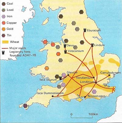 The map of Roman Britain during the early decades of conquest and control shows roads, towns, frontiers, fort systems, and industrial and agricultural regions.