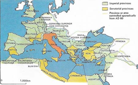 The Roman Empire, at its height in the 2nd century AD, was theoretically divided into provinces controlled by the Senate and the emperor. In reality, the emperor had the power to intervene in senatorial provinces. Italy itself was ruled according to a modified version of the republican constitution.