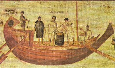 The loading of a Roman grain ship is shown in this picture.