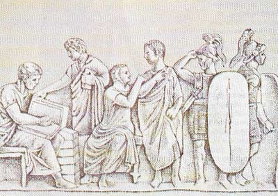 The demobilization of Roman soldiers is portrayed on this relief (c. 1st century BC).