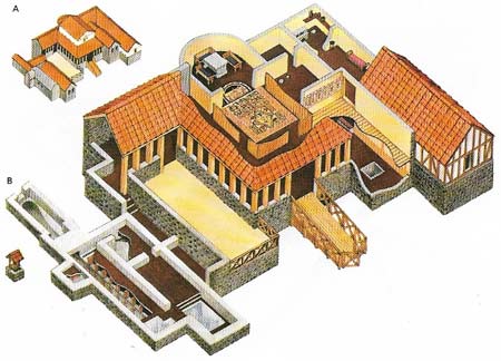 The Roman villa at Lullingstone, in Kent (shown here in model (A) and cutaway (B) was built on an ancient site.