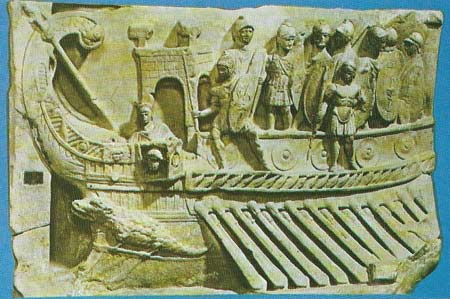 A relief from the Temple of Fortuna Primigenia at Praeneste shows a warship of the 1st century BC with soldiers prepared for hand-to-hand fighting.