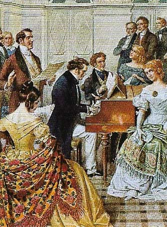 Franz Schubert playing the piano during an evening at Joseph von Spauns