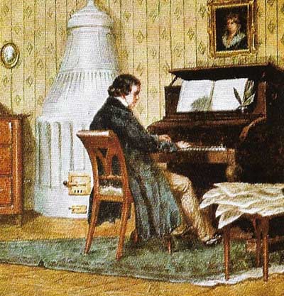 Schumann composing at his piano. He had hoped to be a pianist, but was overshadowed by his more accomplished wife, Clara.