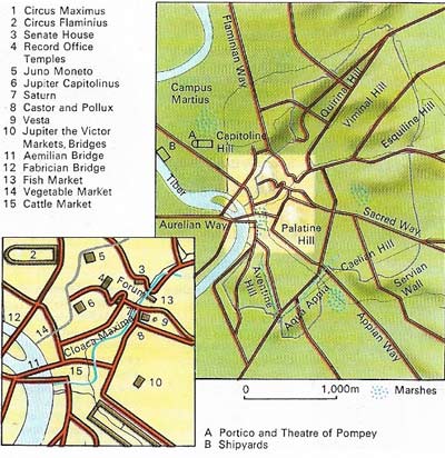 The Seven Hills of Rome are flat-topped spurs rising from a low, formerly marshy, plateau.