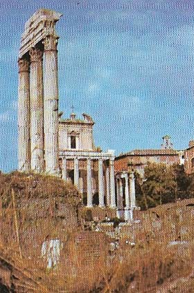 The three surviving columns of the Temple of Castor and Pollux in the Roman Forum were once part of a colonnade that ran round a shrine to the divine twins, who were also known as the Dioscuri.