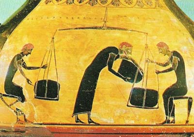 Trade and commerce were free to develop after the city-states had been established, and the system of barter was replaced by more regulated methods. Various systems of weights and measures were developed (such as this one on an Attic black-figure amphora, showing men using a balance scale), but no single system became dominant. Precious metals were used for exchange either in the shape of weapons or as pieces valued by weight. By the end of the 7th century money had been invented. The issuing of coinage soon became the privilege of governments and not of individuals.