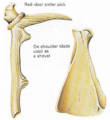 Animal bones and antlers were used in flint mining, which was an important Neolithic industry in western Europe. At Grime's Graves, Norfolk, shafts were sunk through the chalk and galleries tunneled to reach the flint layers.