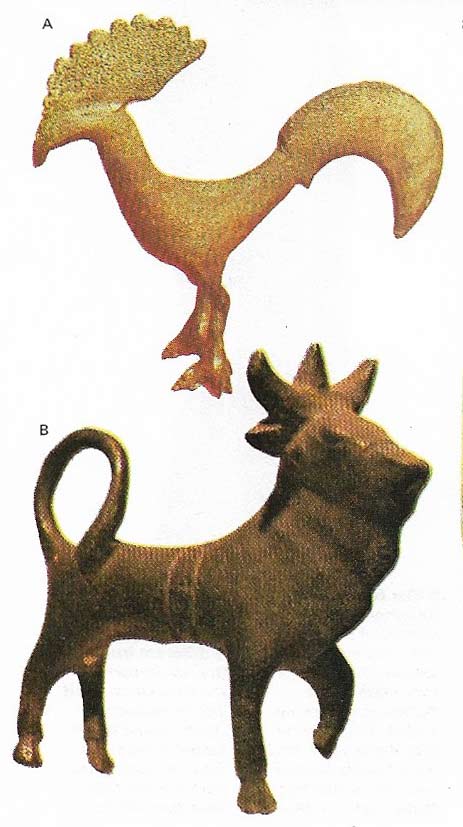 The cock (A) was believed to avert evil with its crow and thus in Britain it was considered unlucky to eat it. The peculiar three horns on the bull (B) conveyed an idea of its supernatural qualities as the number three held religious significance.