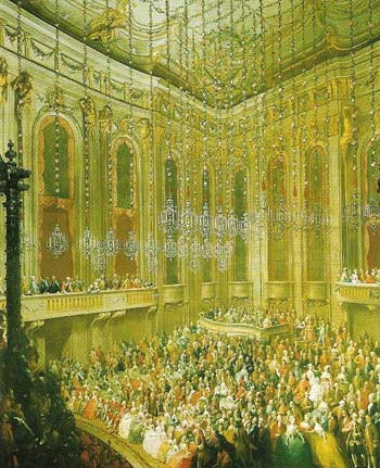 A concert given by the young Mozart in the Redoubtensaal (ballroom) of the Schonbrunn Palace in Vienna.