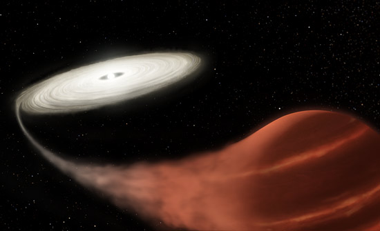 This illustration shows a newly discovered dwarf nova system, in which a white dwarf star is pulling material off a brown dwarf companion.