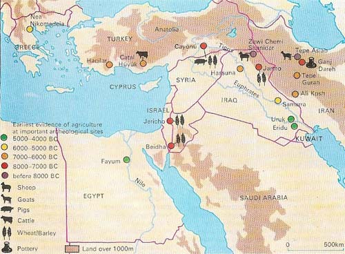 The main area of food production stretched from the Zagros mountains in Iran to the Taurus mountains of Anatolia and down the Jordan Rift. Earliest signs of herding are in Iran c. 8500 BC.