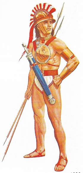 This Roman soldier of the 6th century BC has a breastplate, helmet, sword and spears. Up to about 400 BC soldiers received no pay and only the rich could afford to do military service. A professional army was set up about 100 BC.