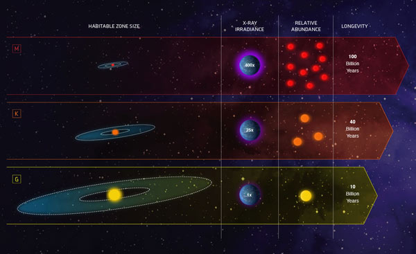 The characteristics of three classes of stars in our galaxy: Sunlike stars are classified as G stars; stars less massive and cooler than our Sun are K dwarfs; and even fainter and cooler stars are the reddish M dwarfs.