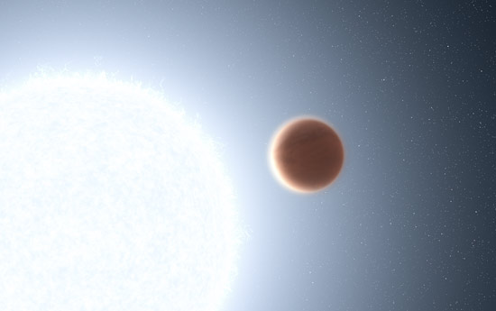 An artist's illustration of the planet KELT-20b which orbits a blue-white star