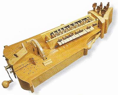 Replica of a six-stringed hurdy-gurdy showing the keys and the handle.