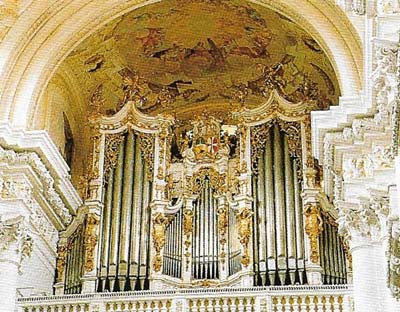The organ at the Abbey Church of St Florian. Bruckner was a chorister and then organist there, and is buried beaneath the organ.