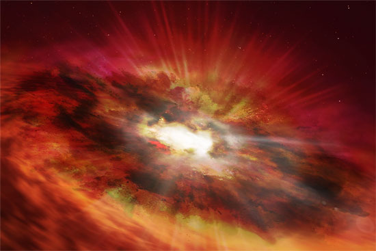 Artist's illustration of a supermassive black hole that is inside the dust-shrouded core of a vigorously star-forming starburst galaxy