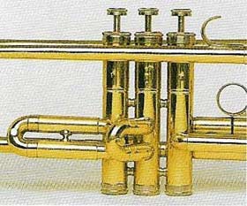 A trumpet has three piston valves and two finger grips.