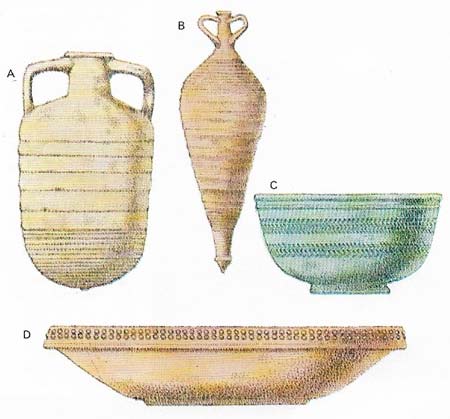 The study of pots is central to the archeologist's interpretation of the past. These reconstructed two-handled jars, (A, B) found at Cadbury, each about 50 cm (20 in) tall, once contained Mediterranean wine for church services and princely feasts. The red dish (D) was also from the Mediterranean. Other pots have crosses inside the bowls and may have had a liturgical use. The gray bowl came from Bordeaux, perhaps with wine in wooden casks.