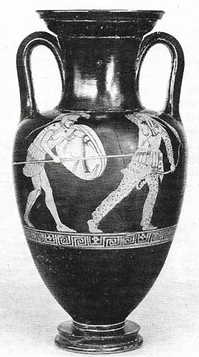 A Greek hoplite is shown killing his Persian enemy on this vase.