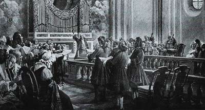 Bach directing a concert in 1714 at the Court Chapel in Weimar, where he worked from 1708 until 1717.