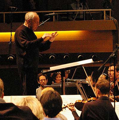 Pierre Boulez conducting, as usual without a baton, in 2008.