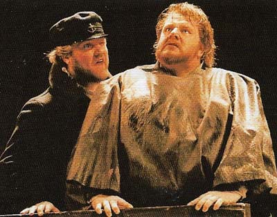A scene from the 1995 Covent Garden production of <em>Peter Grimes</em>, with Bryn Terfel as Captain Balstrode and Ben Heppner as the fisherman Grimes.