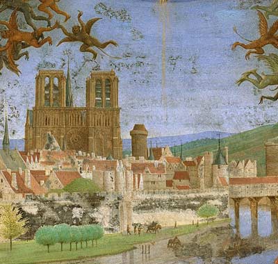 A view of medieval Paris showing the cathedral of Notre-Dame, where Leonin and Perotin worked, from the 15th-century Book of Hours by Etienne Chevalier.