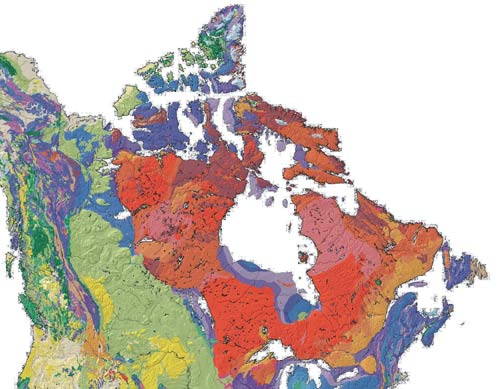 The Canadian Shield is a broad region of Precambrian rock (pictured in shades of red) that encircles Hudson Bay.