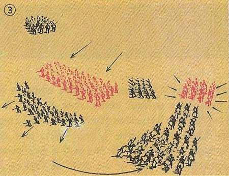 Hannibal's African infantry is now on the flanks of the advancing Romans. Meanwhile his reinforced African cavalry on the right wing attacks the Roman allies' cavalry.