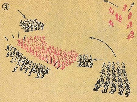 Hannibal's center is hard pressed, but his fresh African infantry attacks the advancing Romans on the flanks; his victorious cavalry wheels to attack them in the rear.