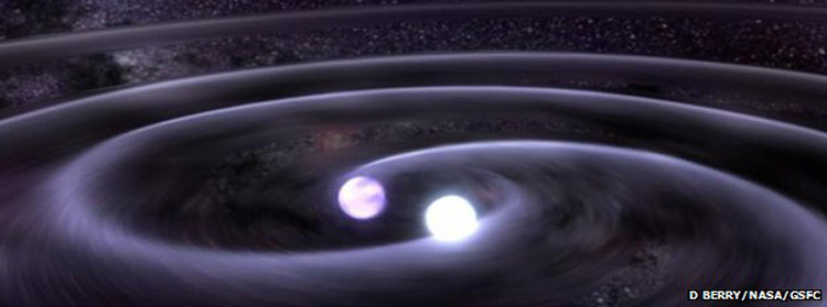 Artist's concept of two white dwarfs emitting gravity waves