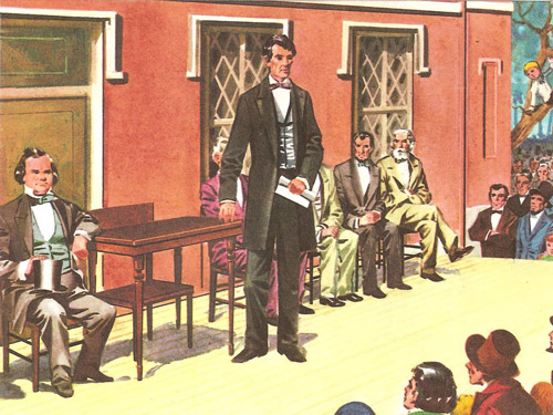 In the Senate
campaign of 1858 Lincoln challenged Senator Douglas to a series of debates