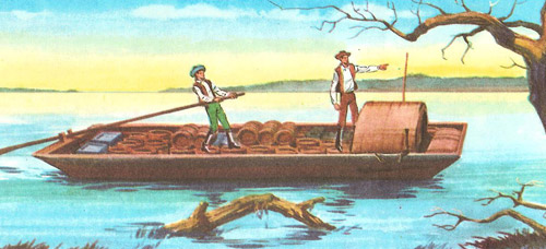 <em>Lincoln and his friend pilot a flatboat down the Mississippi to New Orleans</em>