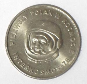 Polish coin depicting Miroslaw Hermaszewski, the 
            first Polish astronaut