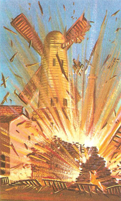 Artist's impression of the explosion at the Nobels'
workshop near Stockholm in which Alfred's youngest brother was among
those killed