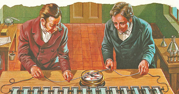 Oersted (right) and his assistant demonstrating the deflection of a compass needle by a current-carrying wire held in a north-south direction