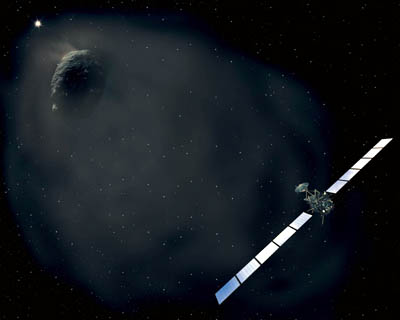 Artist impression of Rosetta apporaching comet 67P/Churyumov-Gerasimenko.