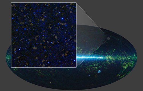 WISE all-sky infrared map, showing (insert) location of quasars, each contain a supermassive black hole