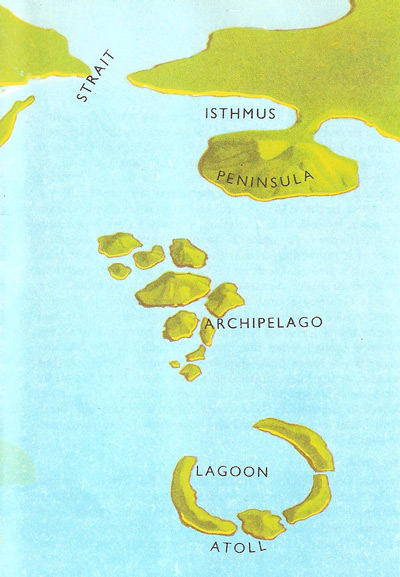 archipelago, atoll, lagoon, isthmus, peninsula, and strait