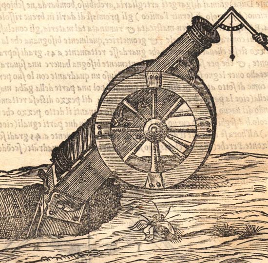 Cannon elevated at 45 degrees above the horizon using the artillerist's quadrant
